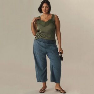 Anthropologie Green Top and Blue Wide Leg Pants